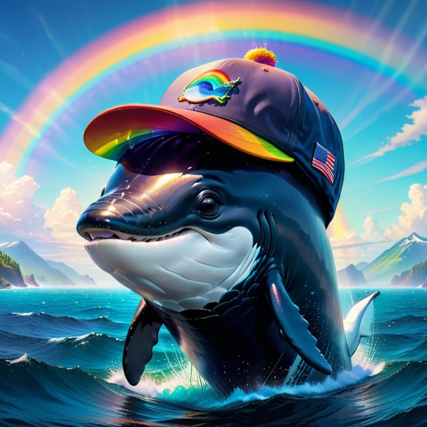 Foto de una ballena en una gorra en el arco iris