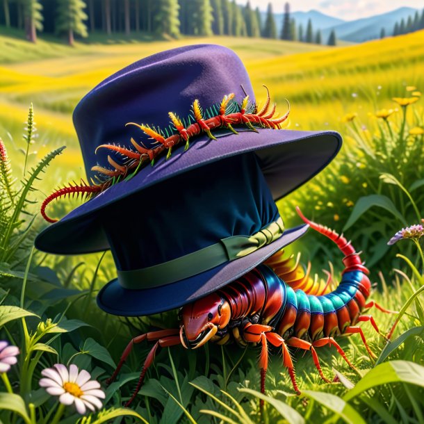 Picture of a centipede in a hat in the meadow