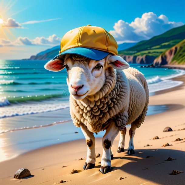 Drawing of a sheep in a cap on the beach