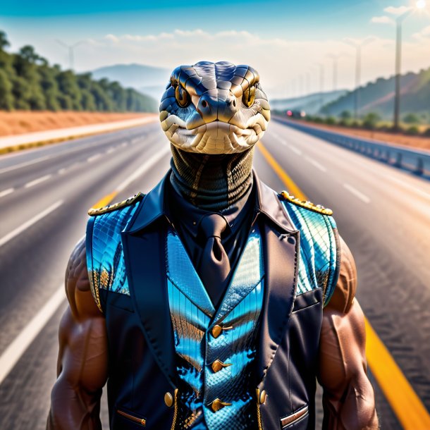 Image of a cobra in a vest on the highway