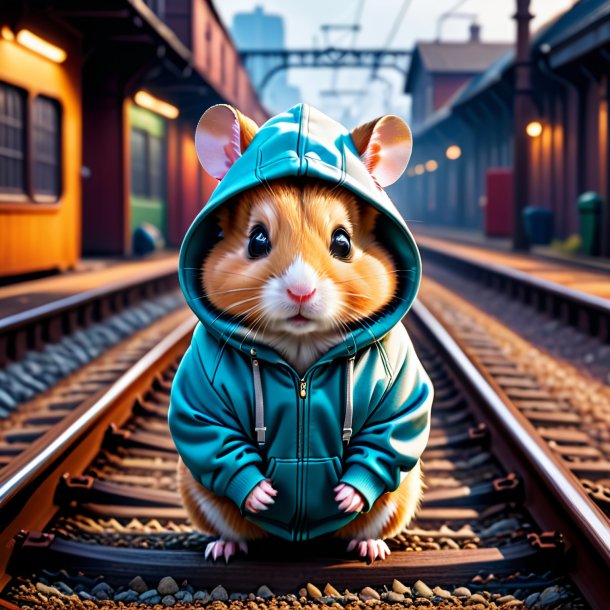 Photo of a hamster in a hoodie on the railway tracks