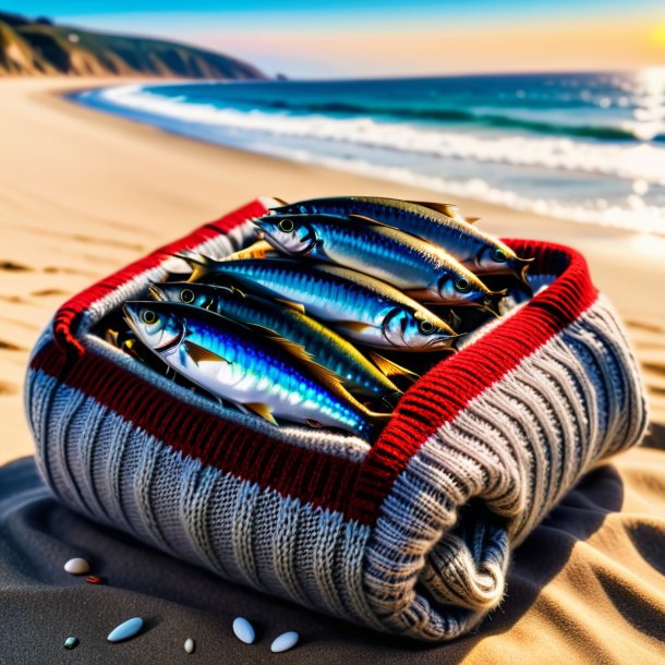 Fotos de uma sardinha em um suéter na praia