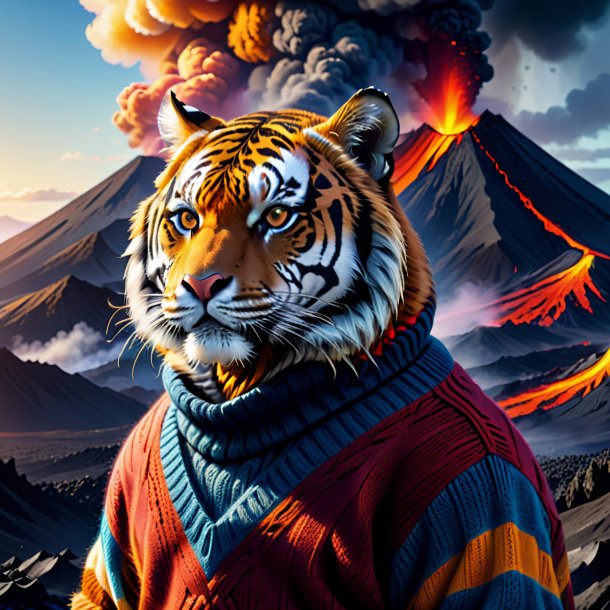 Illustration of a tiger in a sweater in the volcano