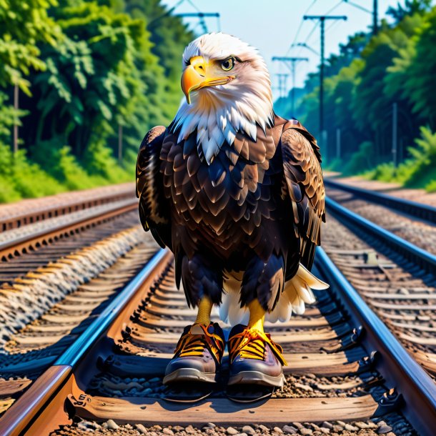 Imagem de uma águia em um sapato nos trilhos ferroviários