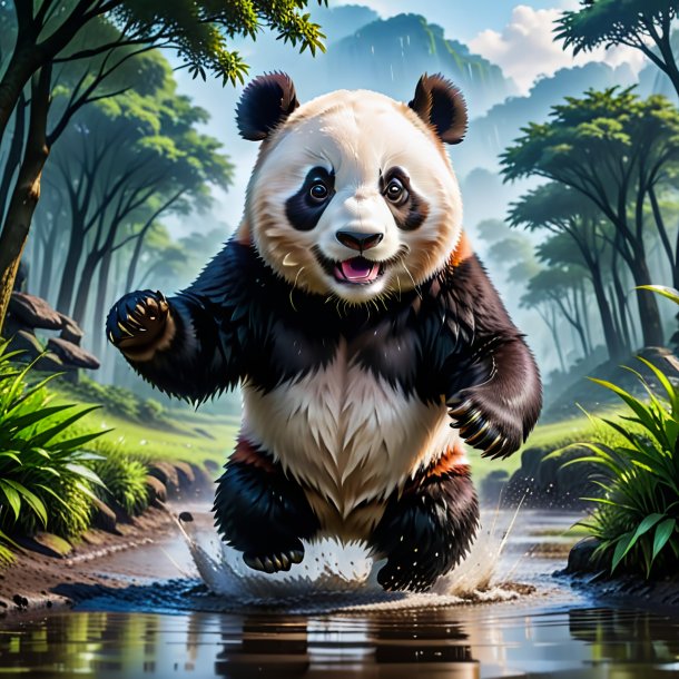 De um salto de um panda gigante na poça