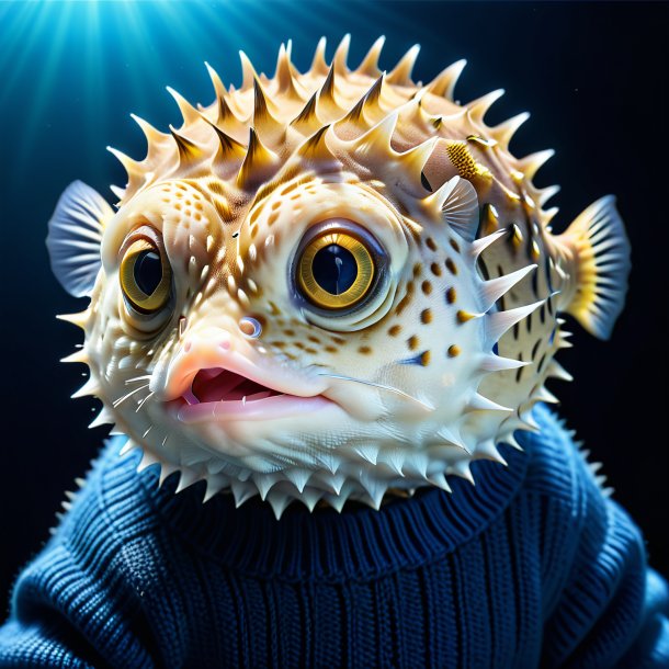 Picture of a pufferfish in a blue sweater