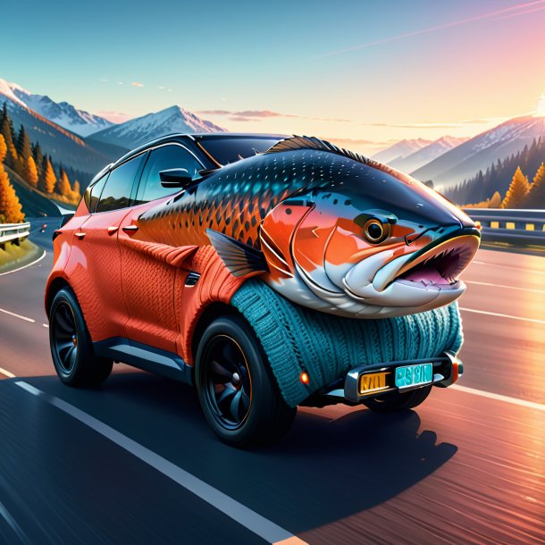 Illustration of a salmon in a sweater on the highway