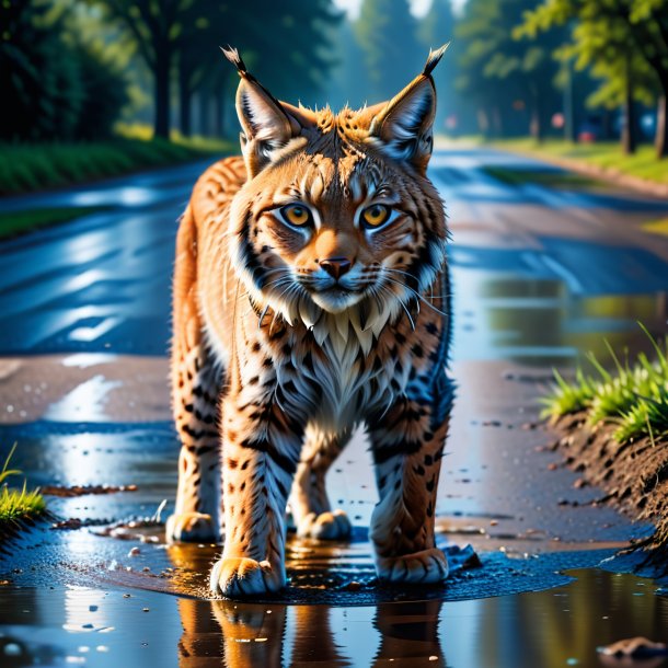 Imagen de un lince en un jeans en el charco