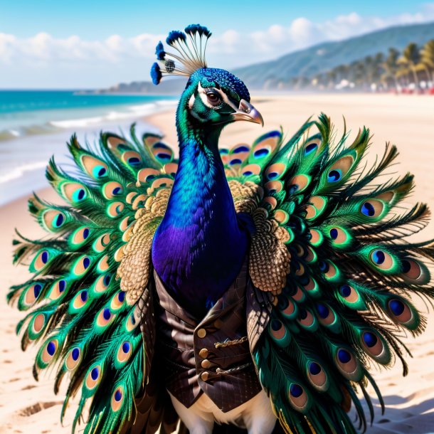 Photo of a peacock in a vest on the beach