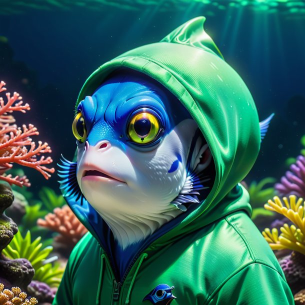 Pic of a blue tang in a green hoodie