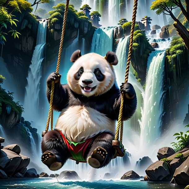 Picture of a swinging on a swing of a giant panda in the waterfall