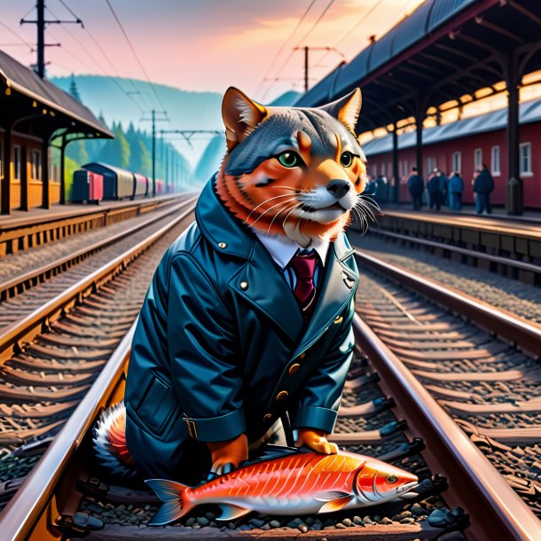 Image of a salmon in a jacket on the railway tracks