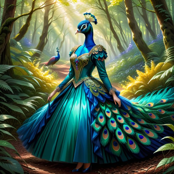 Drawing of a peacock in a dress in the forest