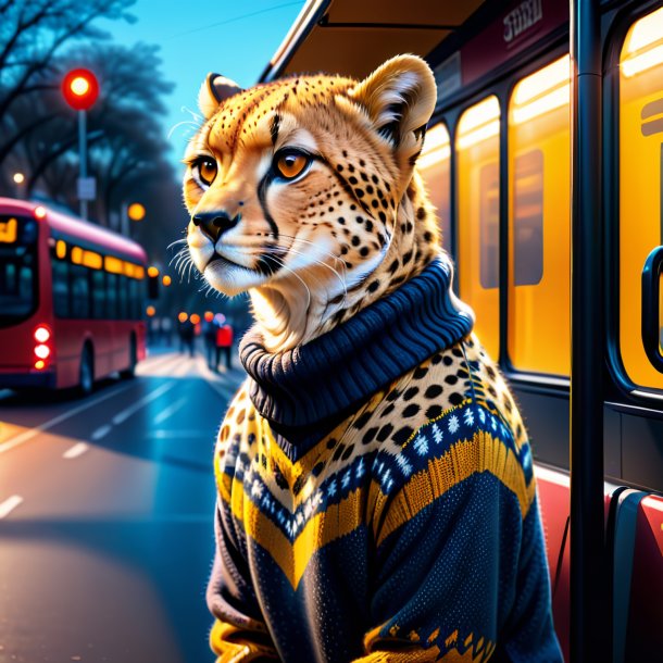 Illustration of a cheetah in a sweater on the bus stop