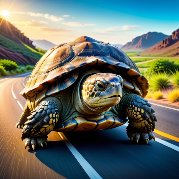 Photo of a tortoise in a belt on the road