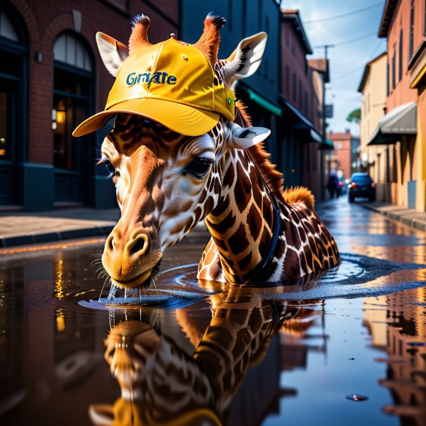 Photo of a giraffe in a cap in the puddle