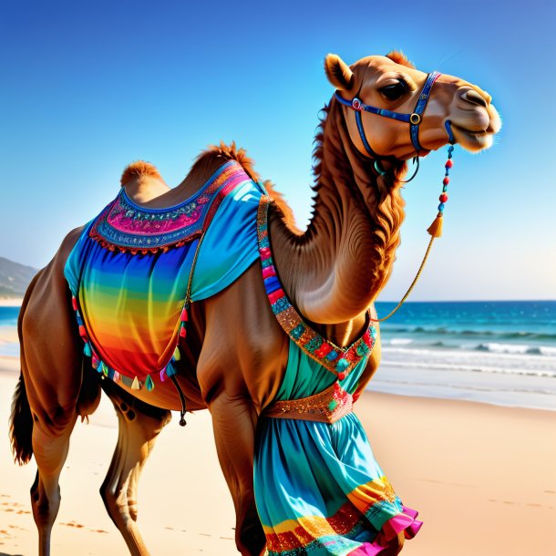 Foto de un camello en un vestido en la playa