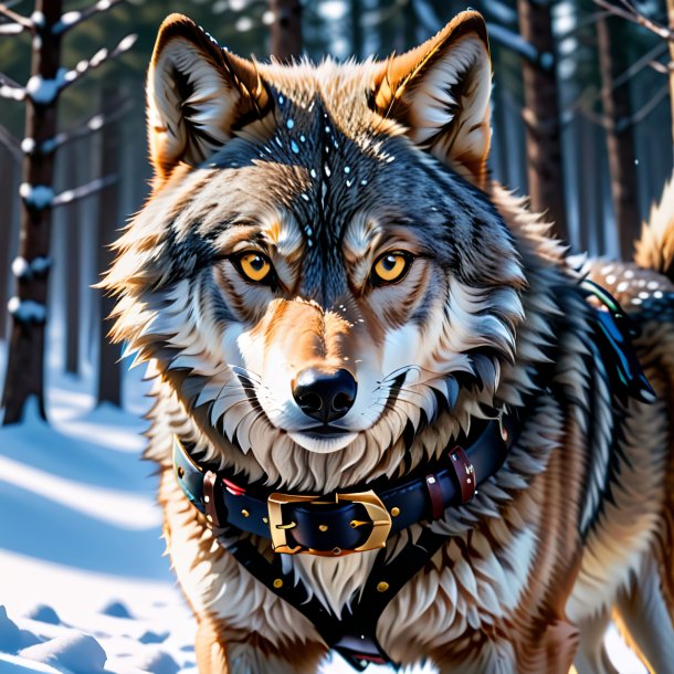 Photo of a wolf in a belt in the snow