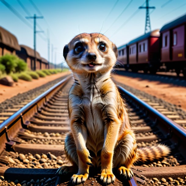 Imagen de un comer de un suricato en las vías del ferrocarril