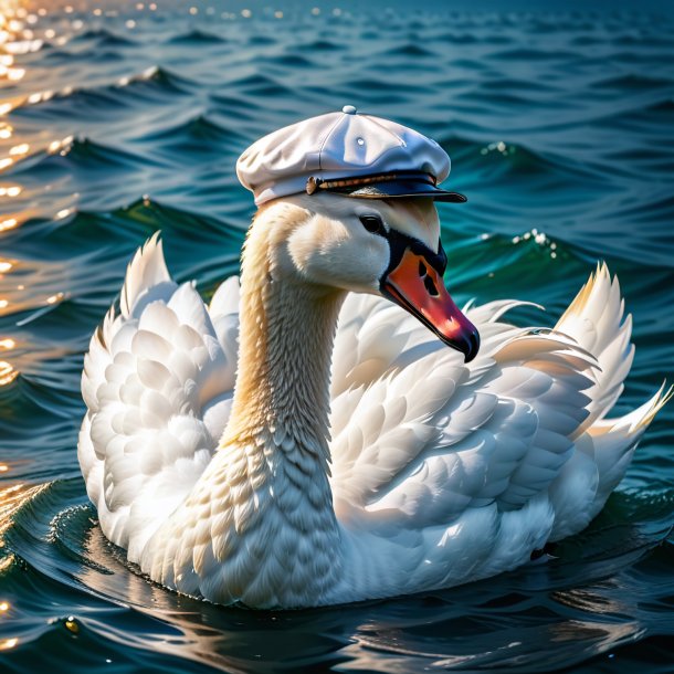 Photo of a swan in a cap in the sea