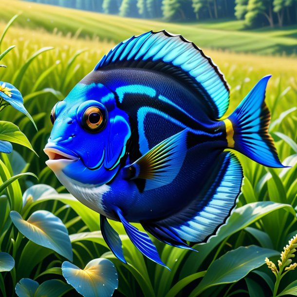 Picture of a blue tang in a jeans in the meadow