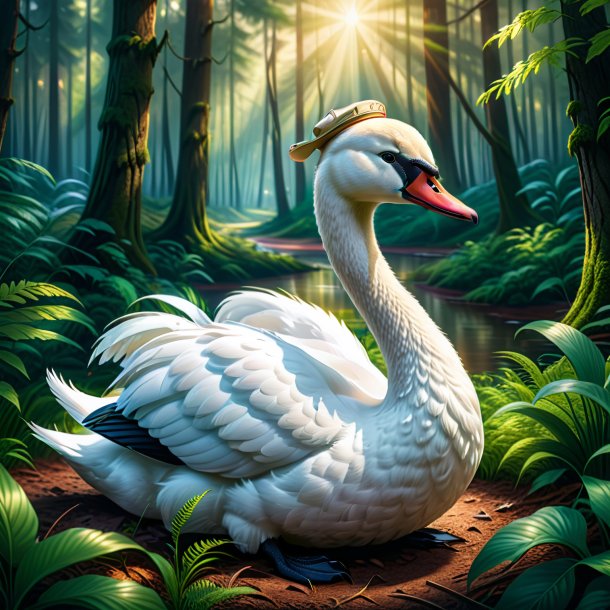 Illustration of a swan in a cap in the forest