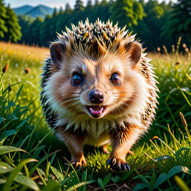 Photo d'une colère d'un hérisson dans la prairie