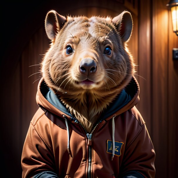 Picture of a wombat in a brown hoodie