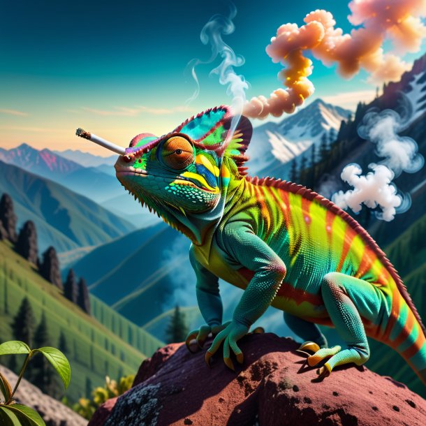 Image of a smoking of a chameleon in the mountains