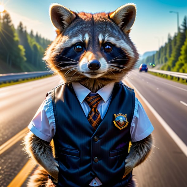 Picture of a raccoon in a vest on the highway