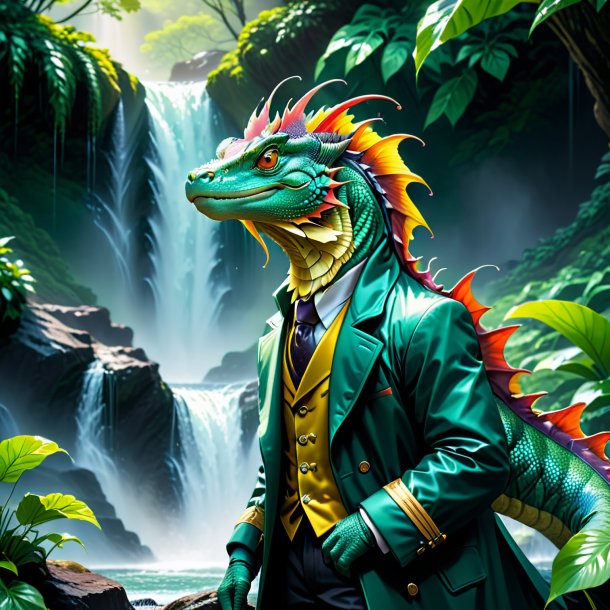 Illustration of a basilisk in a coat in the waterfall