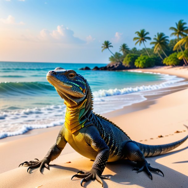 Pic d'un fumeur d'un lézard moniteur sur la plage