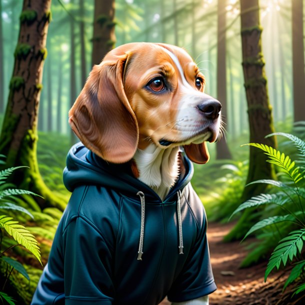 Imagem de um beagle em um hoodie na floresta