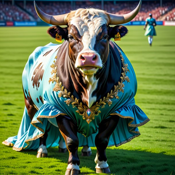 Uma foto de um touro em um vestido no campo