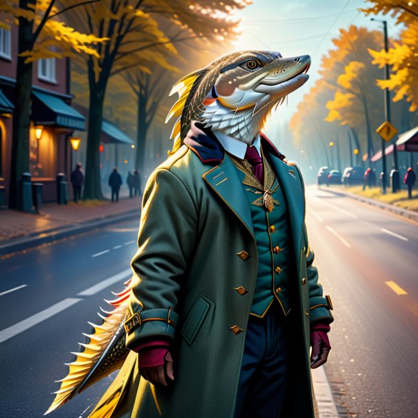 Drawing of a pike in a coat on the road