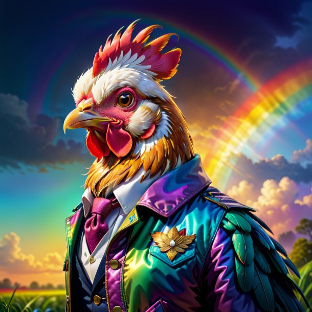 Ilustración de una gallina en una chaqueta en el arco iris