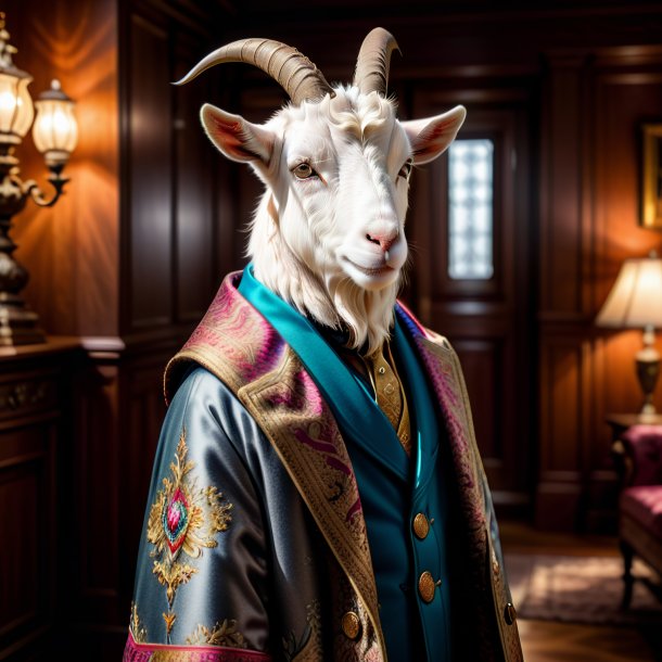 Picture of a goat in a coat in the house