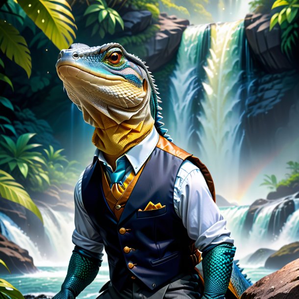 Illustration of a monitor lizard in a vest in the waterfall