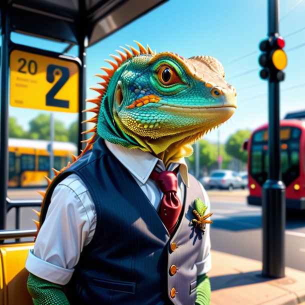 Drawing of a lizard in a vest on the bus stop