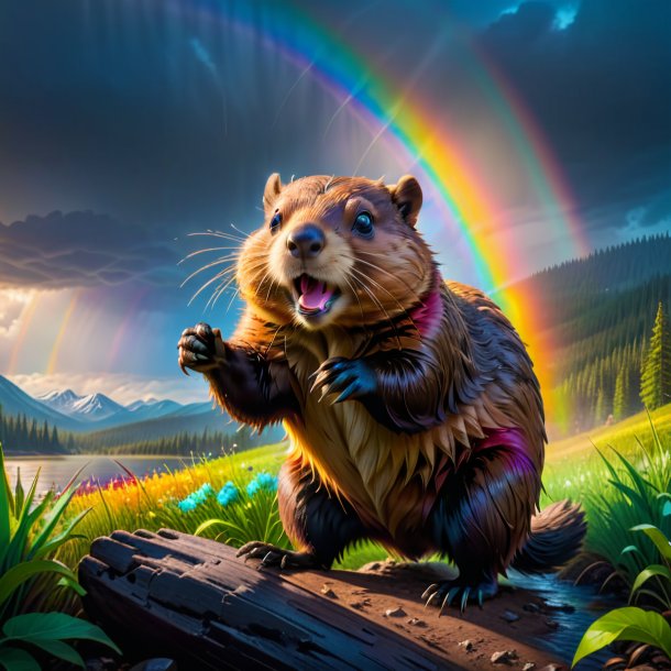 Picture of a threatening of a beaver on the rainbow