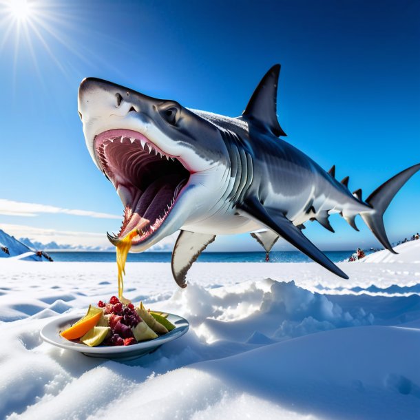 Photo of a eating of a hammerhead shark in the snow