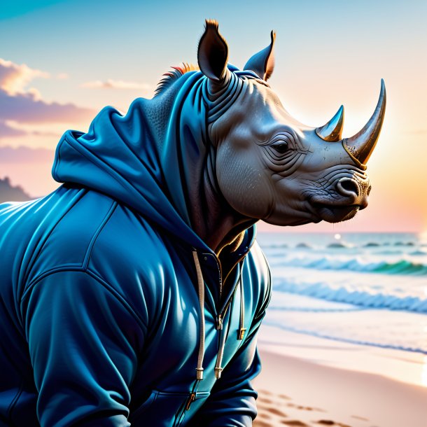 Image of a rhinoceros in a hoodie on the beach