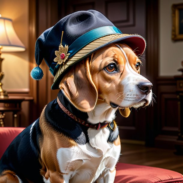 Dessin d'une beagle dans un chapeau dans la maison