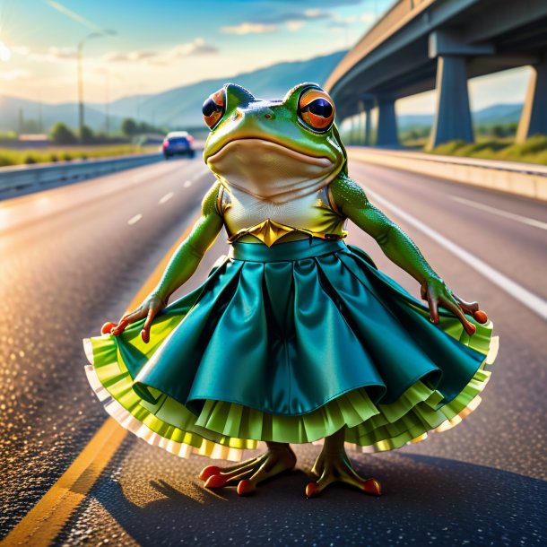 Image of a frog in a skirt on the highway