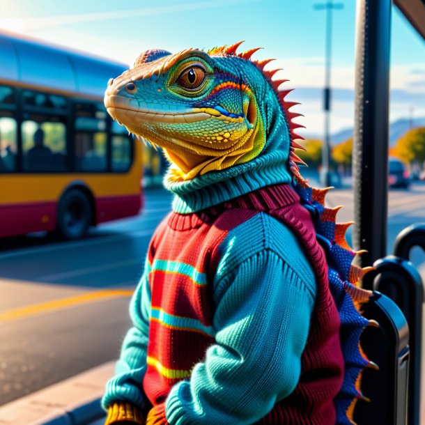 Foto de un lagarto en un suéter en la parada de autobús