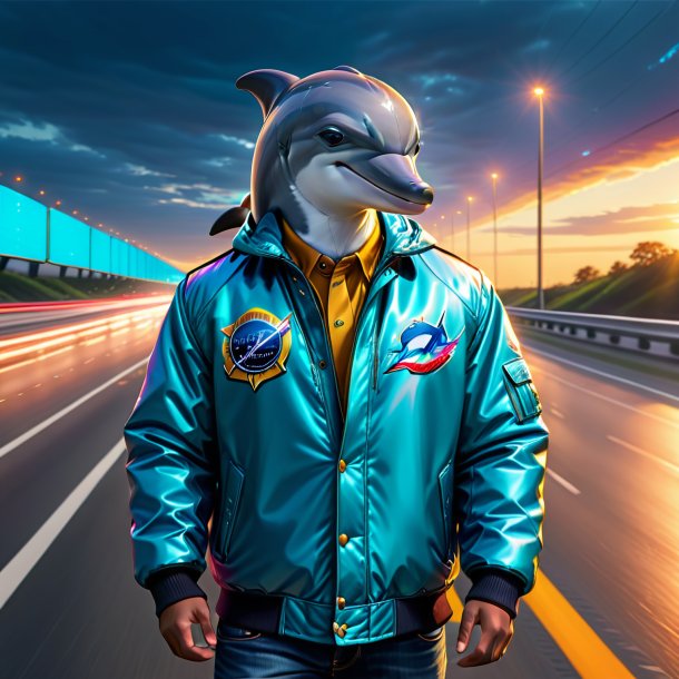 Drawing of a dolphin in a jacket on the highway