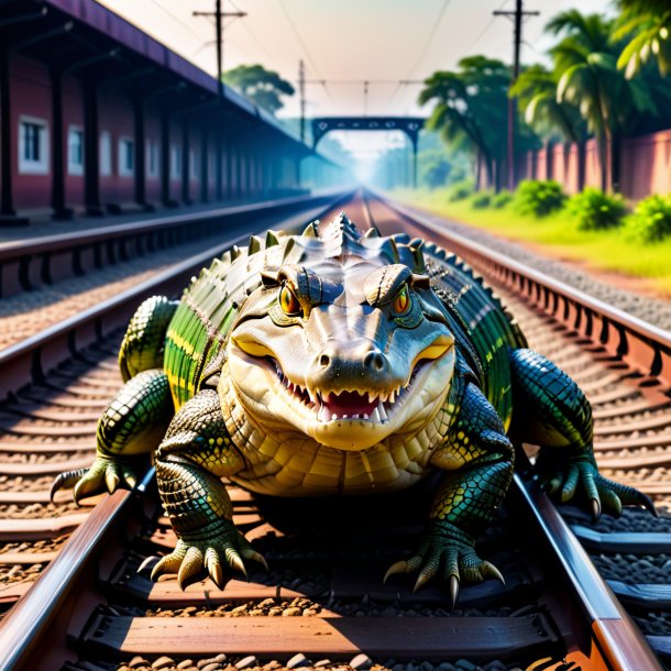 Pic of a crocodile in a belt on the railway tracks