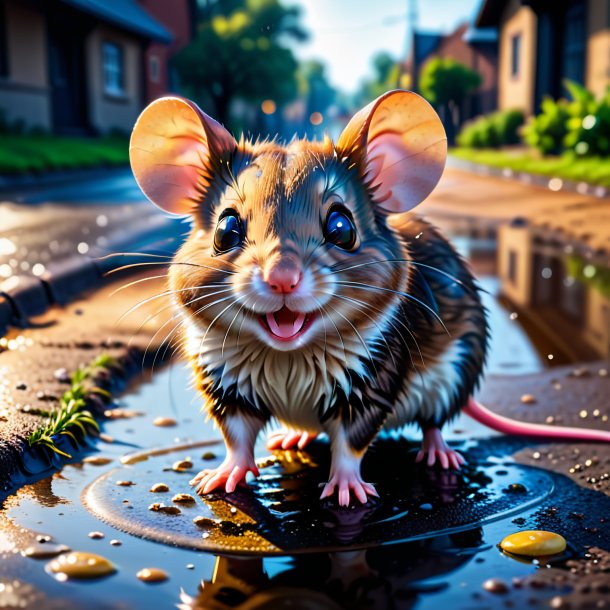 Image of a smiling of a mouse in the puddle