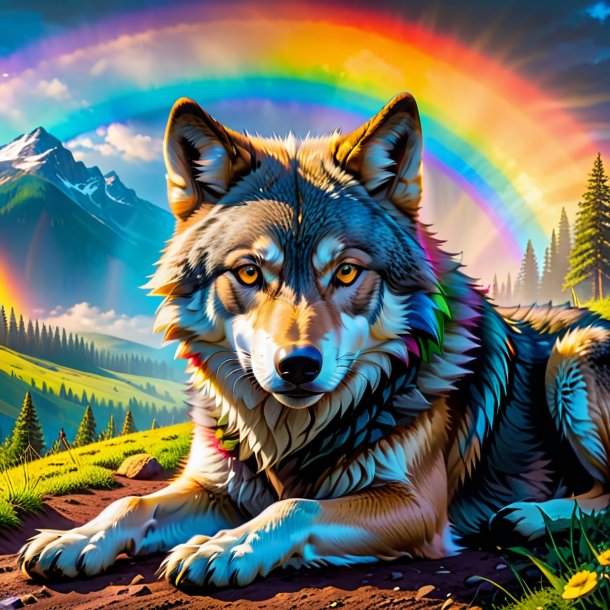 Foto de un descanso de un lobo en el arco iris