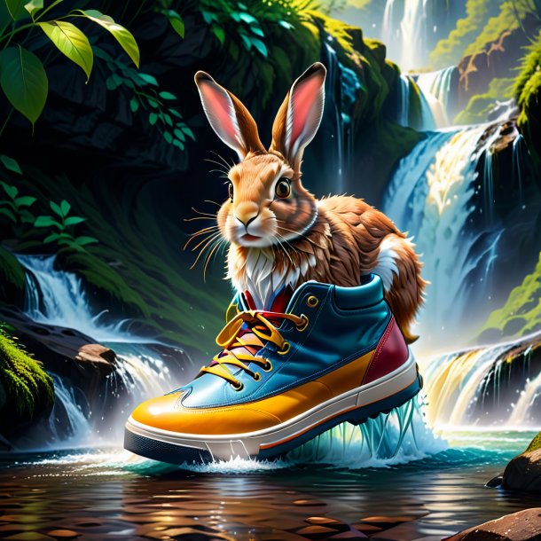 Illustration of a hare in a shoes in the waterfall